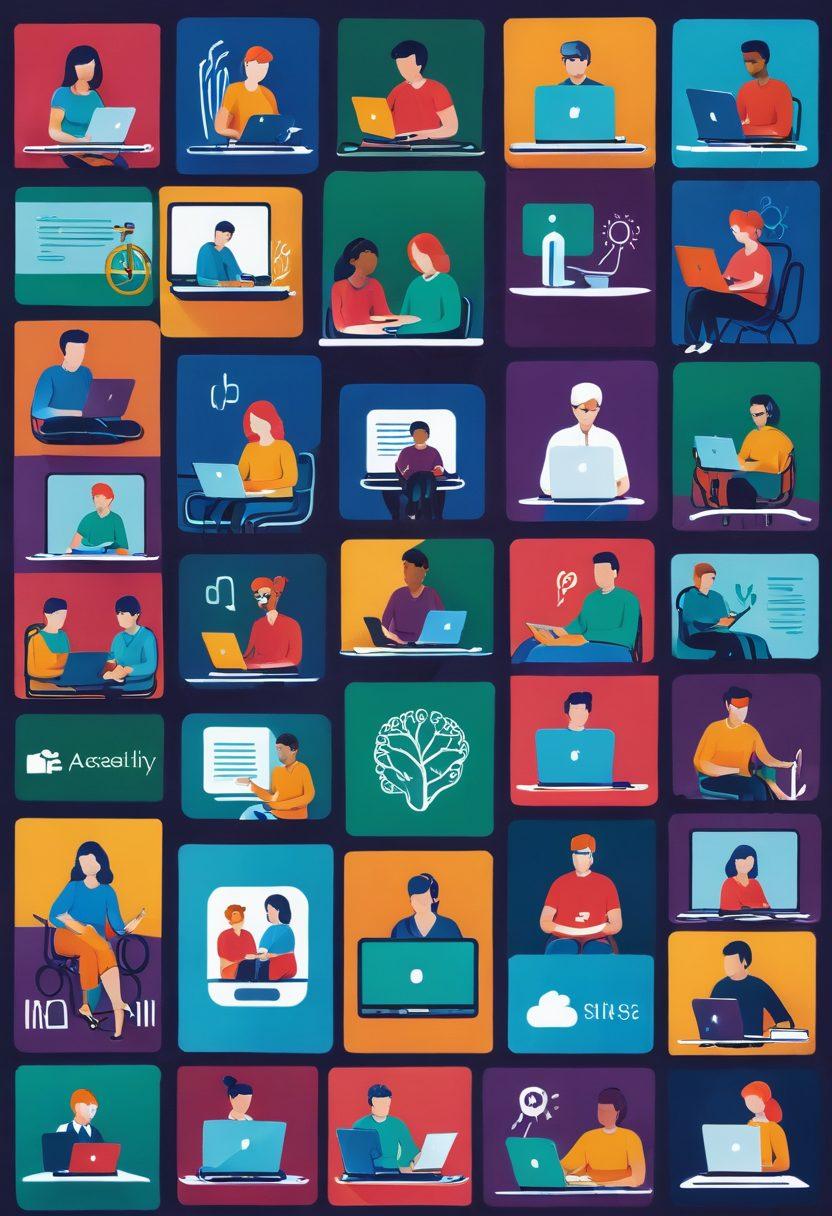 A diverse group of people engaging with various digital devices, such as laptops, tablets, and smartphones, all showcasing accessible design features like screen readers, voice commands, and adjustable fonts. Include symbols of accessibility (like the universal access symbol), and elements representing different abilities (e.g., visual, auditory, motor). vibrant colors. vector art.