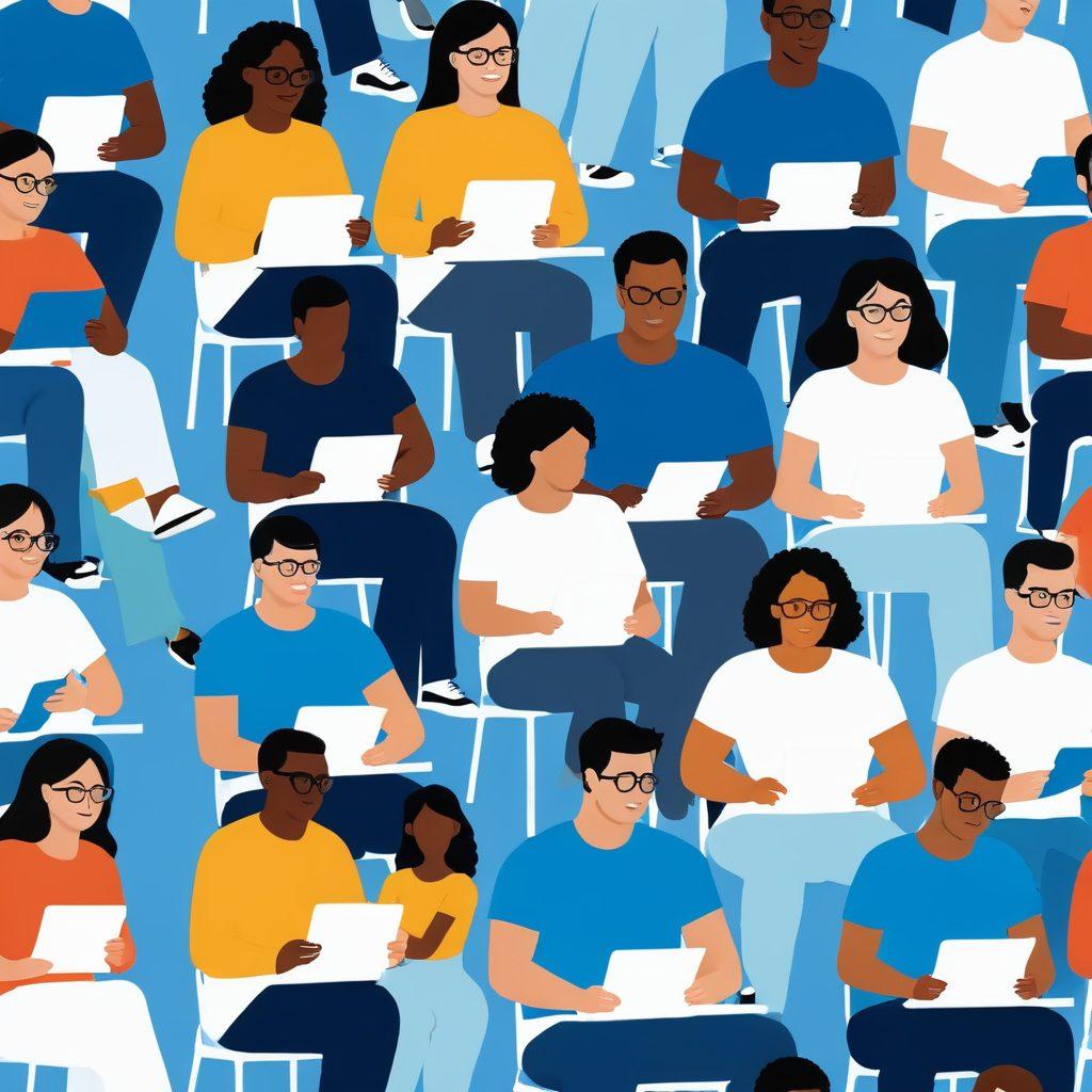 A diverse group of people, including individuals with disabilities, interacting seamlessly with various digital devices like tablets, smartphones, and laptops. The devices show accessible features such as screen readers, voice commands, and user-friendly interfaces. A bright and welcoming atmosphere with blue and white colors promotes inclusivity. vector art. vibrant colors.