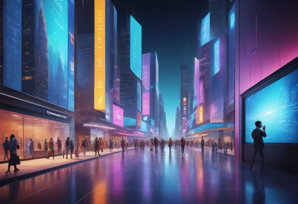 A futuristic cityscape showcasing diverse individuals using various digital devices; seamless integration of accessibility features like voice commands, sign language interfaces, and braille-readers. Bright digital signage displaying inclusive design concepts. super-realistic. vibrant colors. 3D.